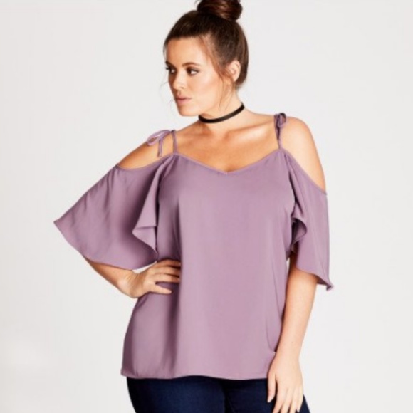 City Chic Tops - Flowy Cold Shoulder Blouse - Lilac | City Chic
